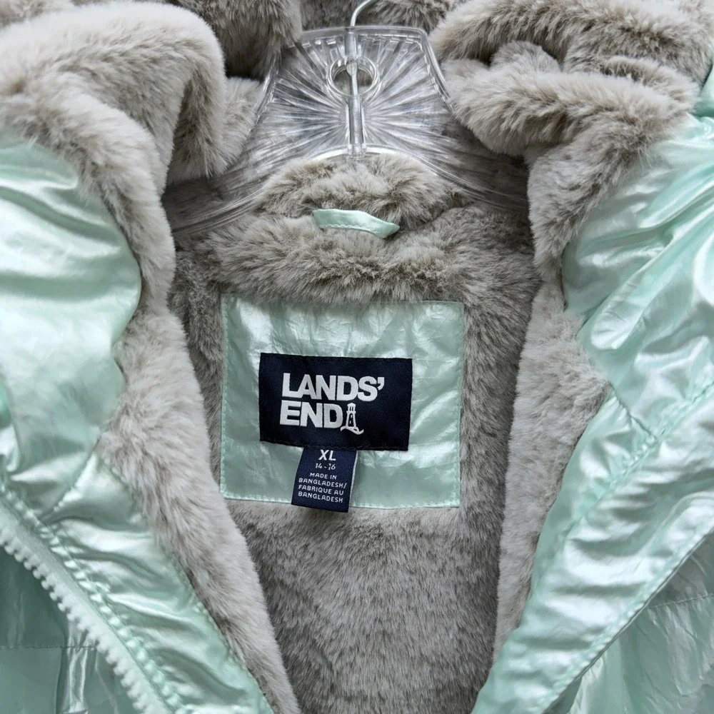 Lands End Girls XL 14 16 Primaloft Iridescent Fur Lined Winter Coat Puffer Green